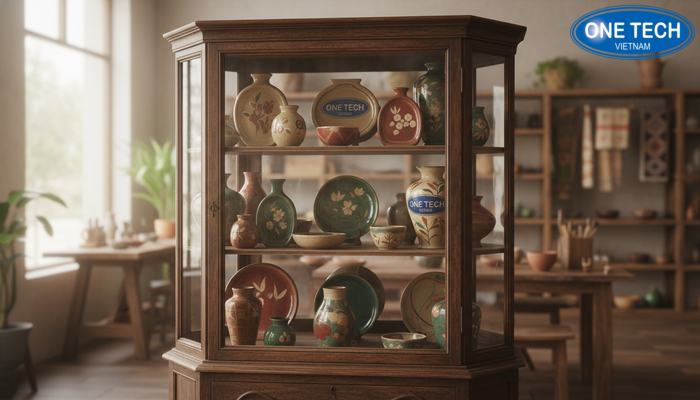 Tủ gỗ vintage trưng bày gốm sứ Tủ gỗ vintage trưng bày gốm sứ phong cách hoài cổ