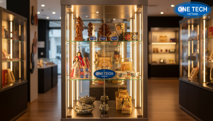 Tủ kính đèn LED trưng bày quà lưu niệm cao cấp Tủ kính có đèn LED trưng bày quà lưu niệm cao cấp tăng trải nghiệm khách