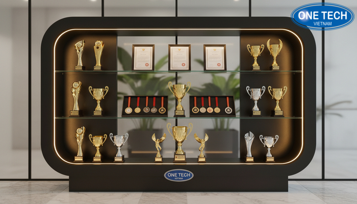 Tủ trưng bày bằng khen có đèn LED làm nổi bật huy chương và cúp