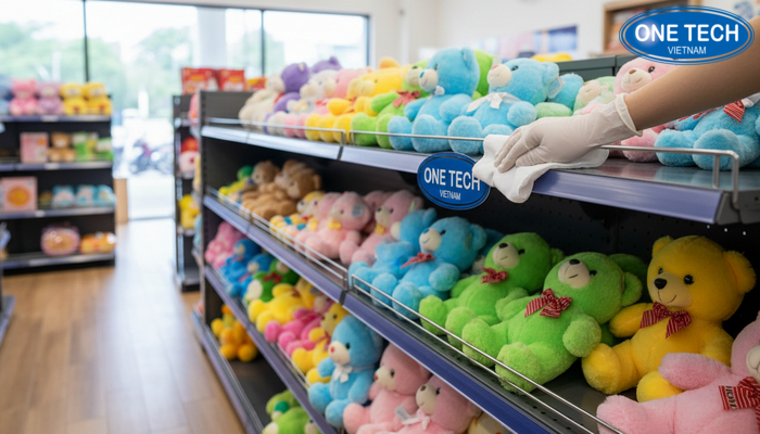 Vệ sinh kệ trưng bày gấu bông bằng khăn mềm giúp bề mặt luôn sạch