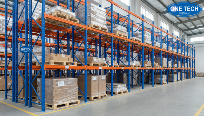 Minh họa kích thước chiều cao, chiều rộng, chiều sâu của kệ double deep theo pallet