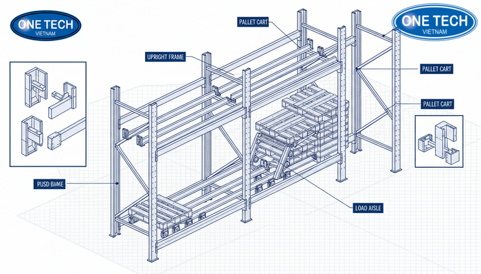 Bản vẽ kỹ thuật mẫu kệ Push Back thể hiện khung, dầm, ray và làn pallet