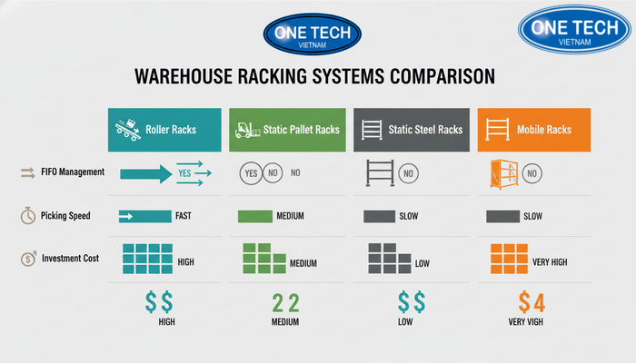 So sánh kệ con lăn với các loại kệ khác Hình minh họa bảng so sánh các giải pháp giá kệ với kệ con lăn theo tiêu chí FIFO và chi phí