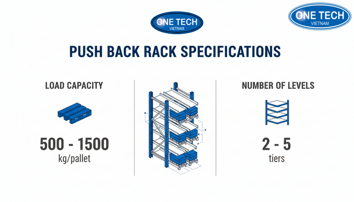 Bảng minh họa thông số phổ biến của kệ Push Back theo tải trọng và số tầng