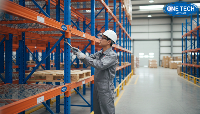 Minh họa kiểm tra ray đỡ pallet và liên kết khung kệ drive in trong bảo trì định kỳ