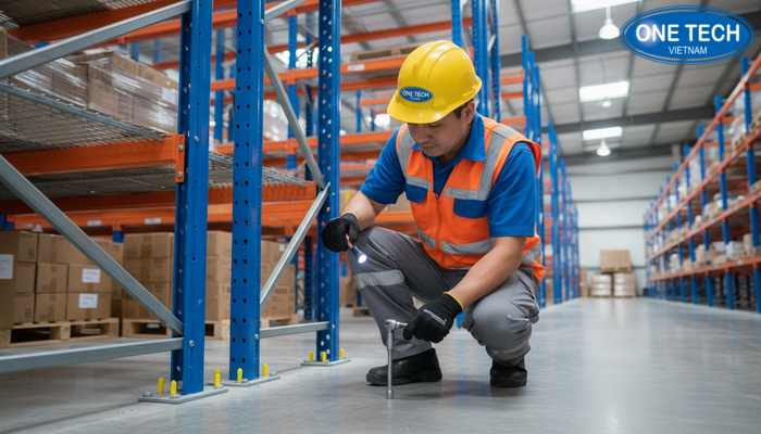 Hình ảnh bảo trì kệ kho selective, kiểm tra bulong neo sàn và chốt an toàn