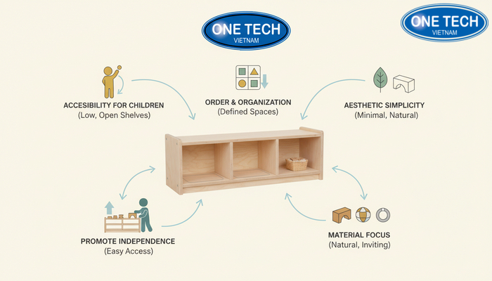 Biểu đồ nguyên lý Montessori áp dụng vào thiết kế kệ đồ chơi trẻ em