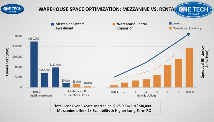 Biểu đồ so sánh chi phí làm kệ sàn Mezzanine với phương án thuê kho mở rộng
