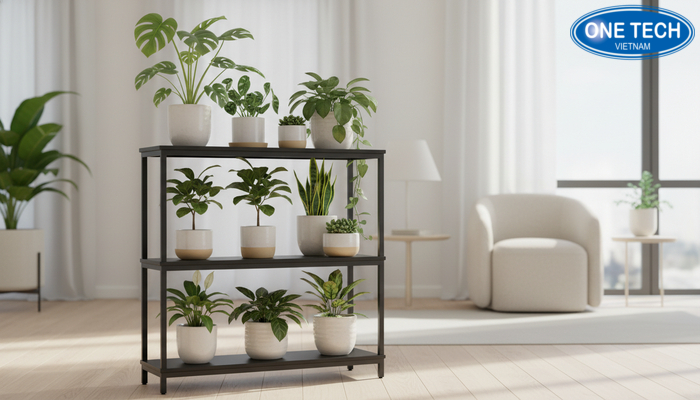 Bố trí cây cảnh theo tầng hợp lý để kệ đẹp và cây nhận ánh sáng đều