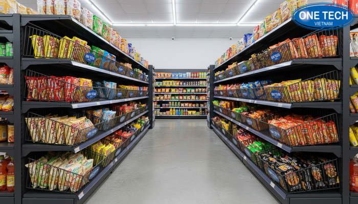 Bố trí kệ rổ mì hợp lý tạo lối đi thoáng và điểm nhìn hút khách