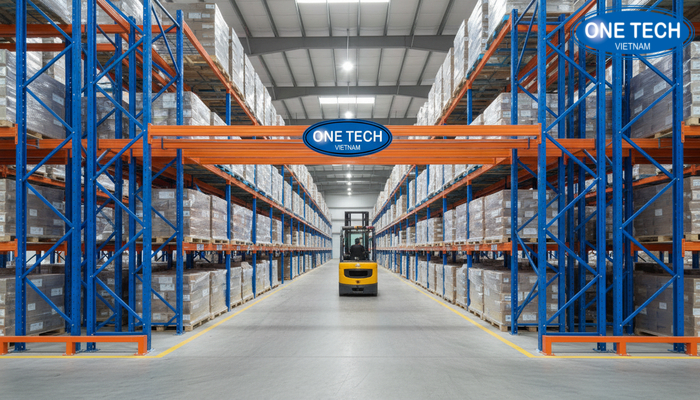 Minh họa bố trí lối đi xe nâng trong hệ thống kệ chứa hàng selective