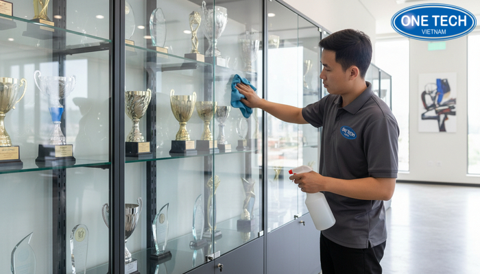 Minh họa các bước vệ sinh tủ kính trưng bày cúp đúng cách