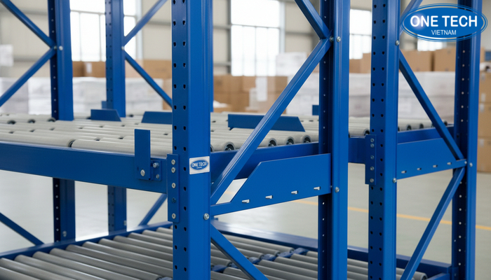 Cấu tạo kệ con lăn Cấu tạo kệ con lăn gồm khung thép, con lăn, thanh chịu tải và phụ kiện dẫn hướng