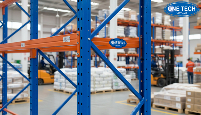 Cận cảnh khung đứng kệ selective với giằng chéo và giằng ngang