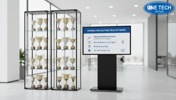 Bảng checklist tiêu chí lựa chọn kệ trưng bày cúp theo chất liệu, kích thước, bảo vệ và chi phí