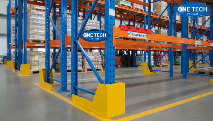 Chi tiết ốp bảo vệ chân kệ và cữ chặn pallet trong kệ double deep