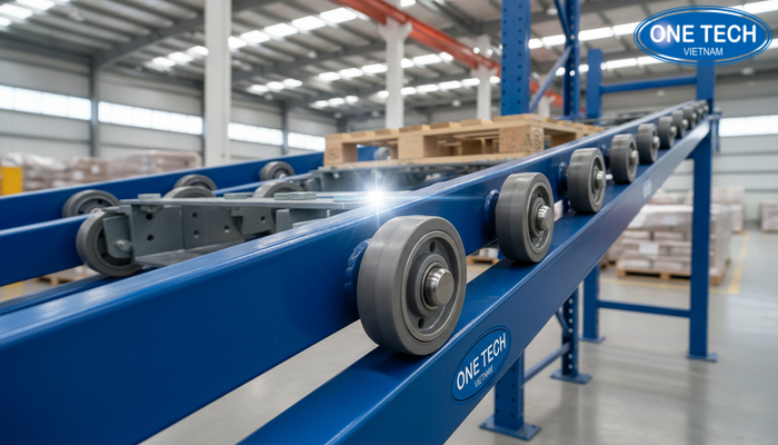 Chi tiết ray nghiêng và bánh xe của kệ Push Back