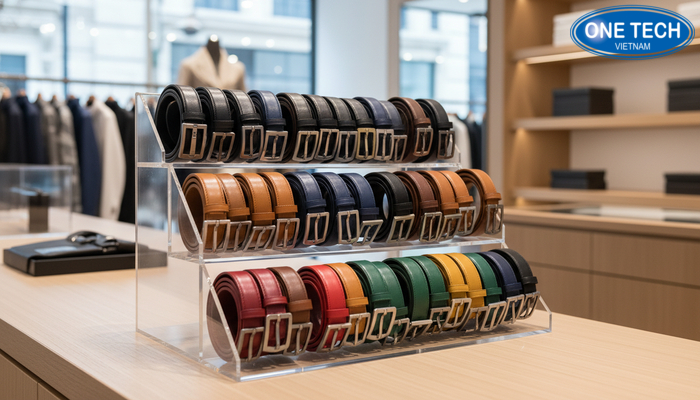 Kệ mica trong suốt trưng bày thắt lưng theo nhóm màu sắc gọn gàng, dễ quan sát