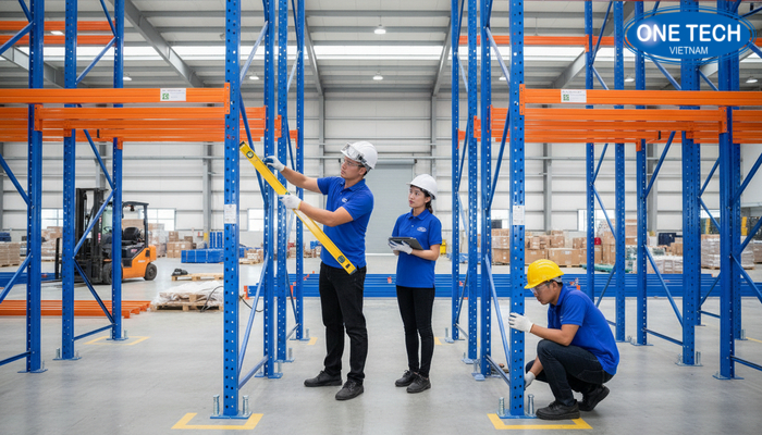 Đội kỹ thuật lắp đặt kệ selective tại kho, kiểm tra cân chỉnh khung và beam