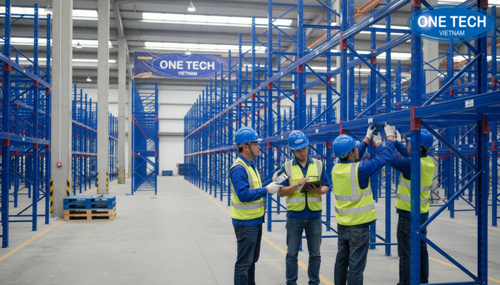 Đội ngũ kỹ thuật OneTech triển khai khảo sát và lắp đặt kệ drive in tại kho