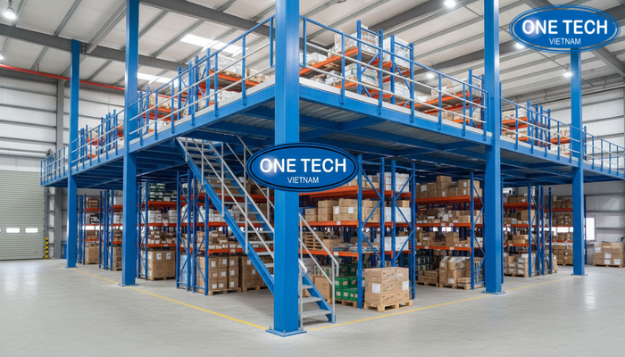 Ảnh thực tế sàn lửng kho hàng dùng kệ sàn Mezzanine do OneTech lắp đặt