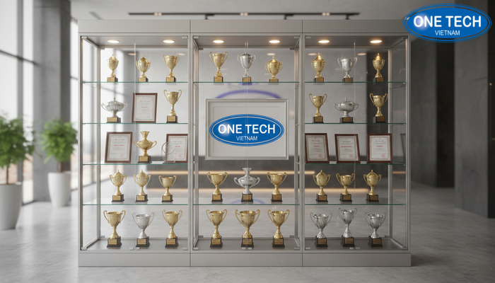 Hình ảnh dự án tủ kính trưng bày cúp và bằng khen đã thi công