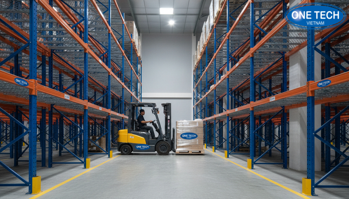 Xe nâng vận hành trực tiếp trong kệ drive in giúp bốc xếp nhanh và giảm trung chuyển