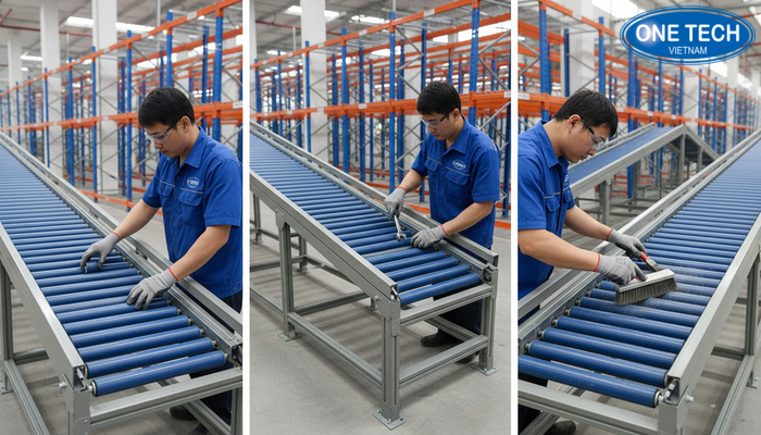 Bảo trì kệ con lăn Minh họa các bước kiểm tra con lăn, siết liên kết và vệ sinh lane kệ con lăn