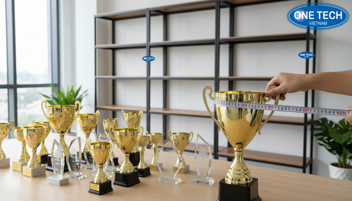 Minh họa đo kích thước cúp và số lượng để chọn kệ phù hợp