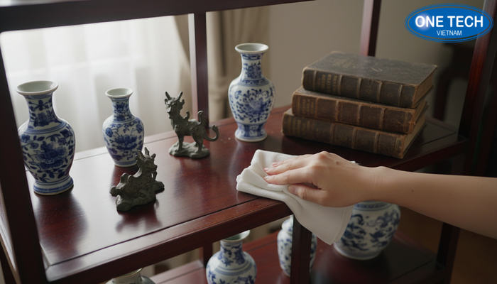 Vệ sinh kệ trưng bày đồ cổ Các bước vệ sinh kệ trưng bày đồ cổ đúng cách bằng khăn mềm
