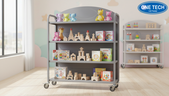 Kệ đẩy có bánh xe trưng bày đồ chơi trẻ em dễ thay đổi vị trí