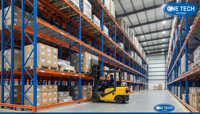 Cấu trúc cơ bản kệ drive in gồm khung thép chịu lực, ray đỡ pallet và thanh dẫn hướng