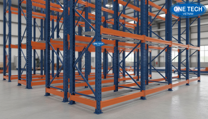 Ảnh minh họa chi tiết các bộ phận kệ drive in như khung, ray đỡ pallet, thanh dẫn hướng