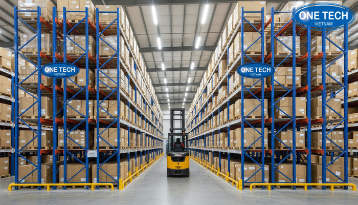 Hình ảnh thực tế kệ drive in OneTech lắp đặt quy chuẩn trong kho khách hàng