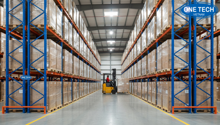 Ví dụ ứng dụng kệ drive in trong kho công nghiệp lưu trữ pallet đồng nhất theo dãy sâu