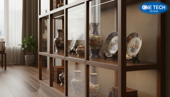 Kệ trưng bày đồ cổ gỗ kết hợp kính Kệ gỗ kết hợp kính trưng bày đồ cổ, tăng độ thoáng và sang