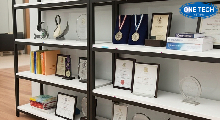 Kệ gỗ kết hợp kính trưng bày huy chương và bằng khen gọn gàng