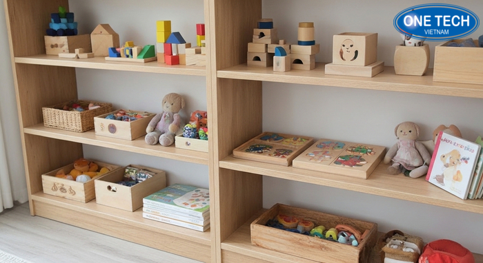 Kệ gỗ Montessori trưng bày đồ chơi trẻ em an toàn và thân thiện