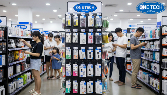 Kệ móc treo phụ kiện đặt trên lối đi chính giúp khách dễ tiếp cận và lựa chọn