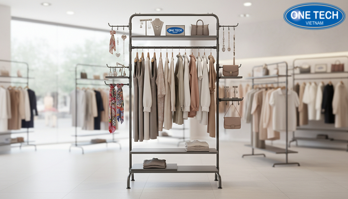 Kệ móc treo quần áo đa năng kết hợp treo phụ kiện giúp tiết kiệm diện tích shop thời trang