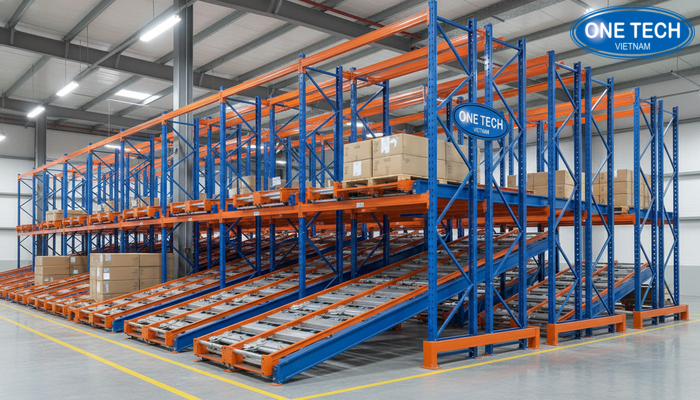 Cấu trúc tổng quan kệ Push Back với các làn ray và xe trượt pallet