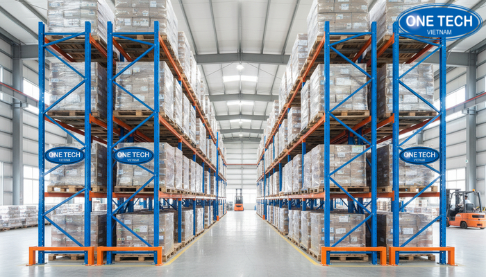 Mô hình lưu trữ pallet mật độ cao bằng kệ Push Back trong kho hàng