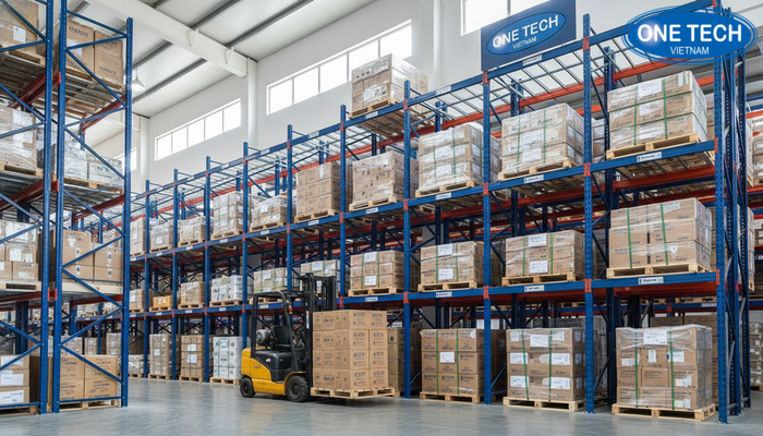 Kệ Push Back ứng dụng trong kho logistics giúp tăng mật độ lưu trữ pallet