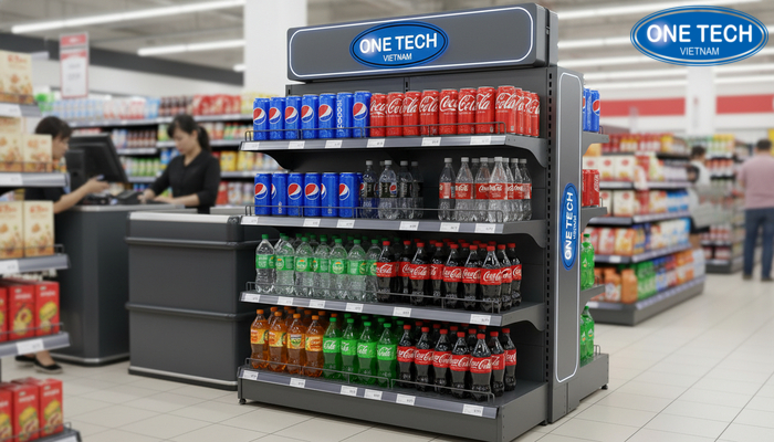 Kệ quảng cáo siêu thị màu sắc nổi bật gần quầy Kệ quảng cáo đặt gần quầy thanh toán giúp tăng mua ngẫu hứng