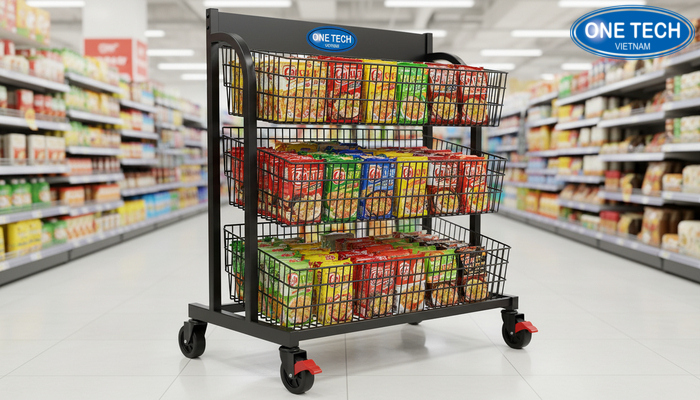 Kệ rổ mì có bánh xe và khóa bánh tiện di chuyển trong cửa hàng