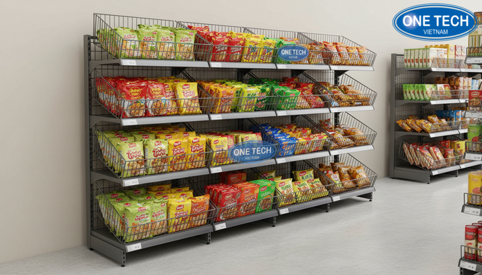 Kệ rổ mì đơn bố trí sát tường trong siêu thị mini