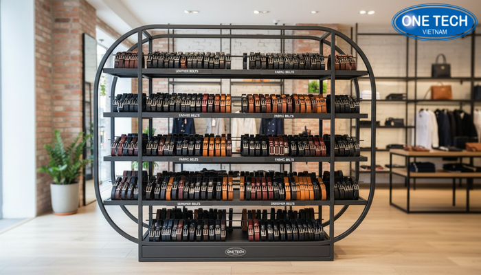 Ảnh kệ trưng bày thắt lưng OneTech tại cửa hàng thời trang, sắp xếp gọn và chuyên nghiệp