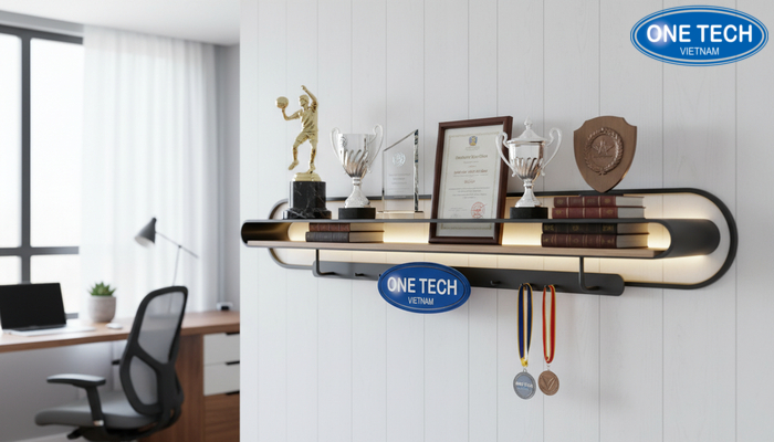 Kệ treo tường trưng bày cúp và huy chương trong phòng làm việc cá nhân