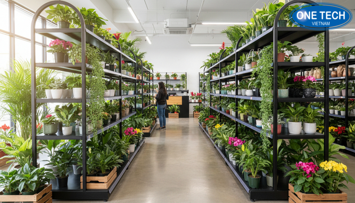 Kệ trưng bày cây cảnh trong cửa hàng giúp bố trí khoa học và thu hút khách