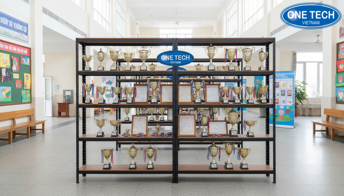 Kệ trưng bày cúp tại trường học đặt ở sảnh hoặc hành lang, dễ quan sát